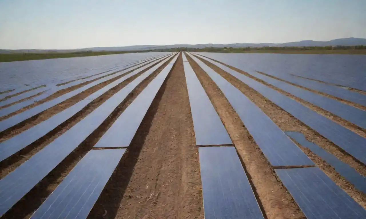 Imagen de campos de cultivos de biocombustibles con paneles solares y turbinas eólicas en el horizonte.