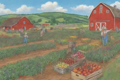 Un campo orgánico vibrante con un agricultor