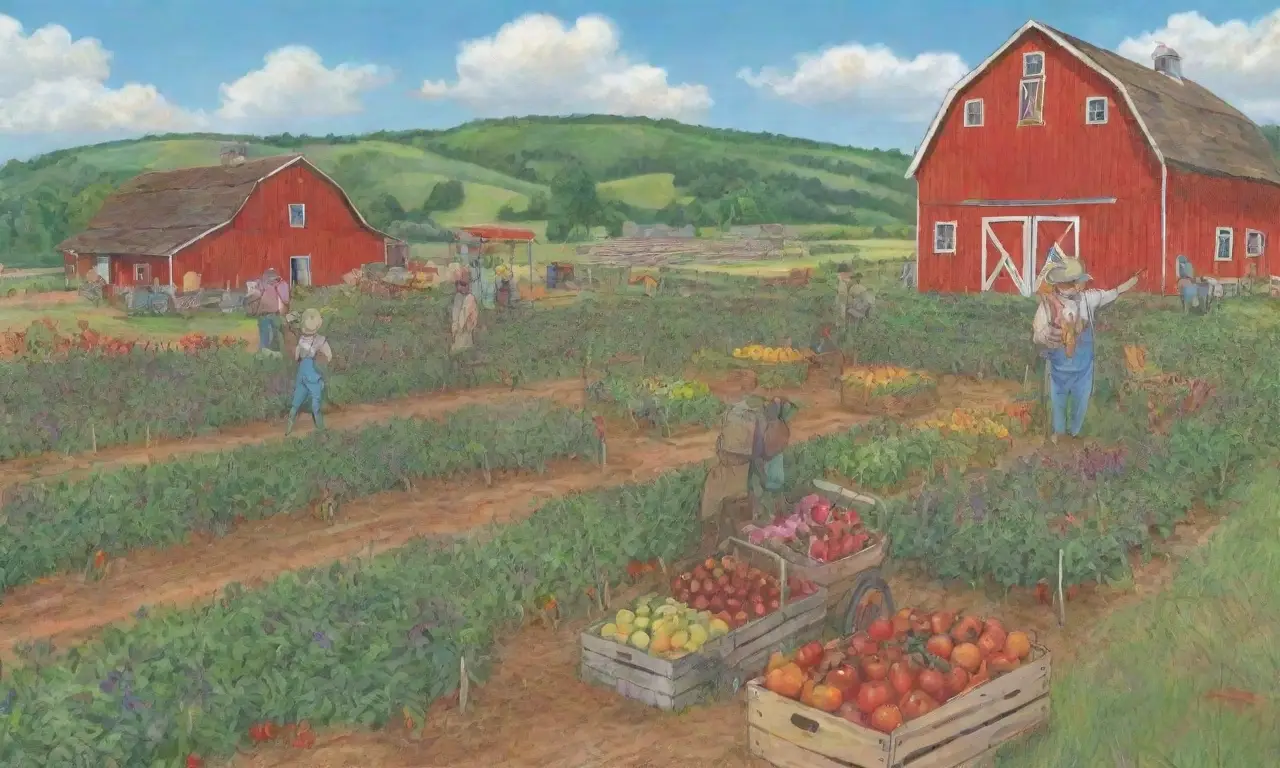 Un campo orgánico vibrante con un agricultor
