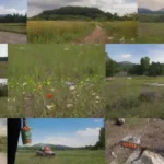 Collage of popular consumer items along nature scenes highlighting the contrast in environmental impact.