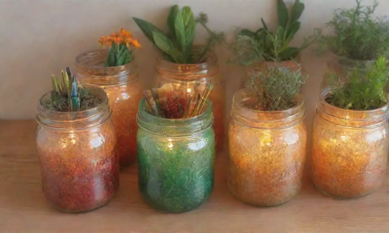 Un rincón acogedor y creativo lleno de frascos de vidrio brillantes, luces parpadeantes y herramientas artísticas