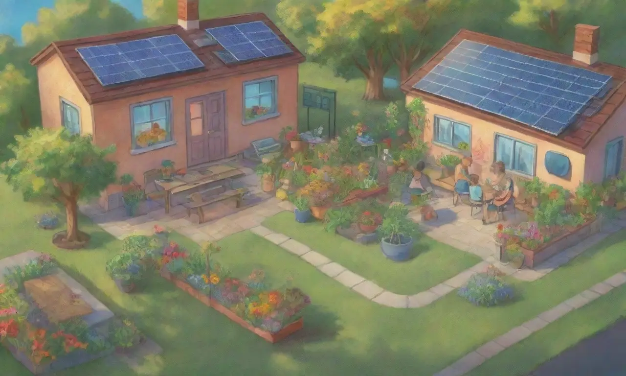 Un paisaje vibrante y sostenible con sol, naturaleza, familia y energía renovable