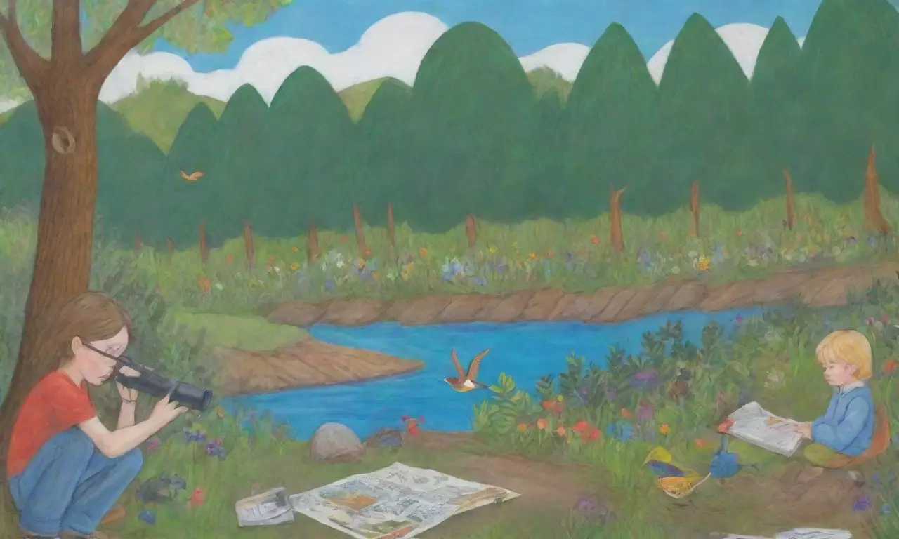 Una escena vibrante de un bosque con niños aprendiendo sobre la naturaleza y la conservación