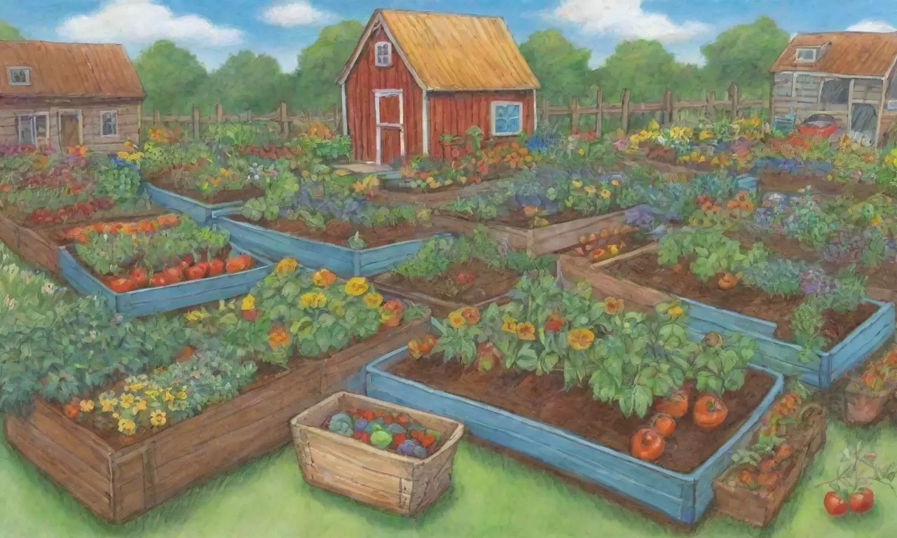 Un jardín vibrante y sostenible lleno de cultivos, flores y comunidad