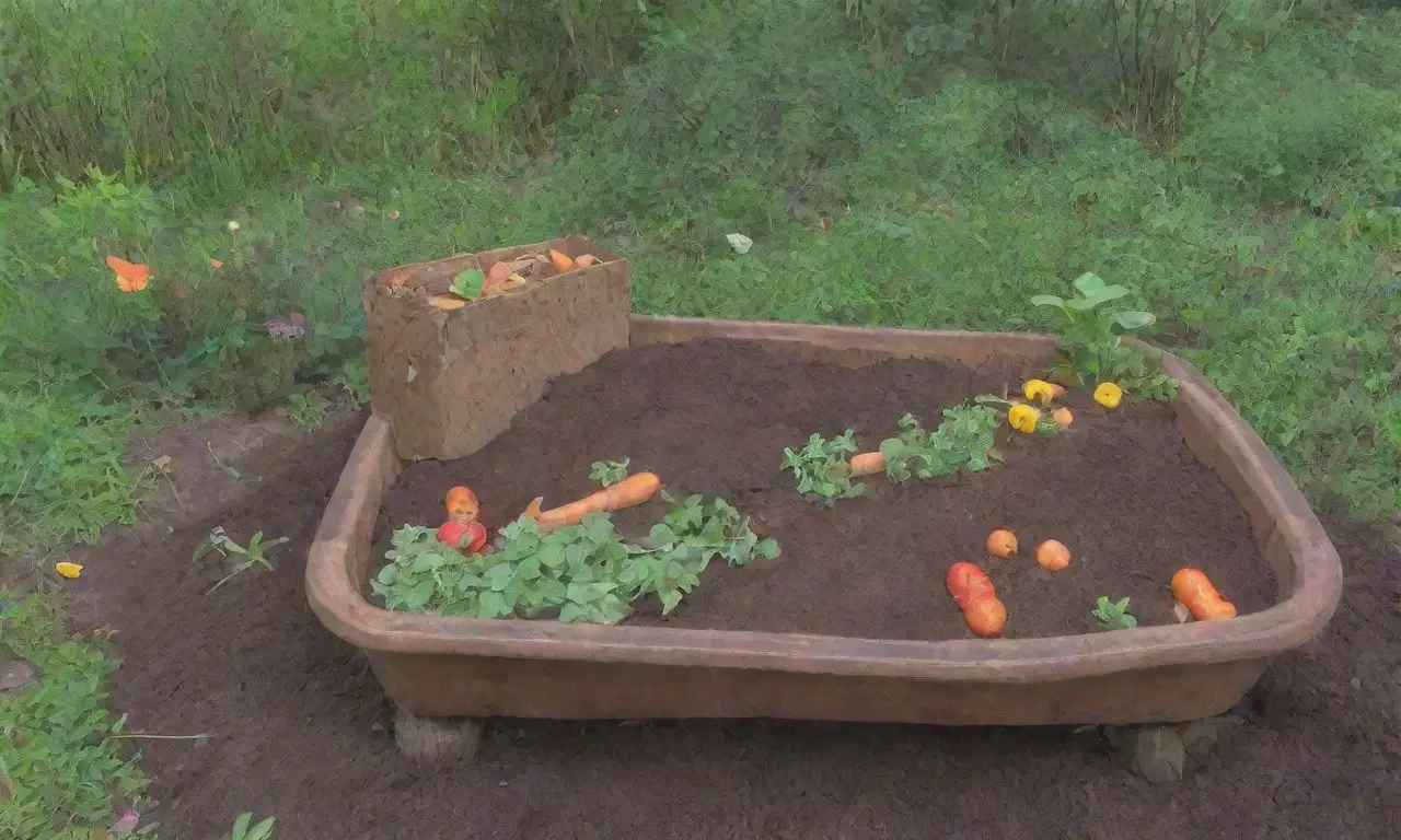 Un colorido jardín con vegetales frescos y un compostaje vibrante refleja el ciclo de la vida