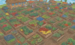 Un paisaje agrícola vibrante y sostenible lleno de vida y comunidad