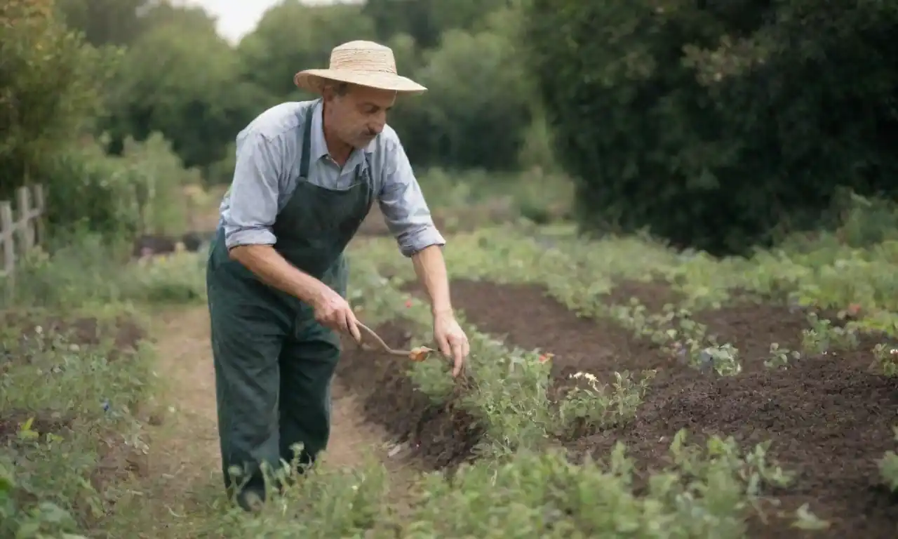 Un agricultor tiende a un jardín ecológico con prácticas sostenibles ilustradas cerca.