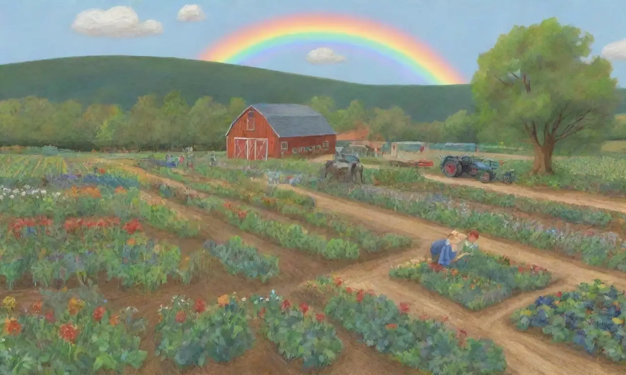 Un paisaje agrícola vibrante con un agricultor inspeccionando cultivos orgánicos y una comunidad disfrutando del mercado