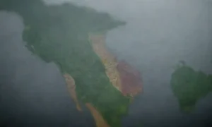 Mapa climático mostrando áreas de cambio en patron de lluvia con gráficos de temperatura.
