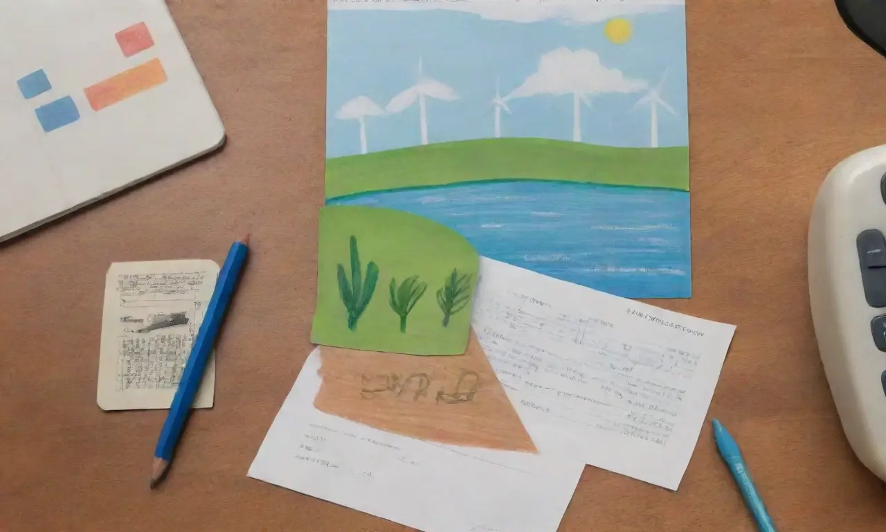 Un paisaje verde con un aerogenerador, gráficos y cálculos sobre una mesa, y un ambiente de progreso sostenible