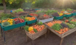 Un mercado vibrante y comunitario lleno de vida y productos frescos