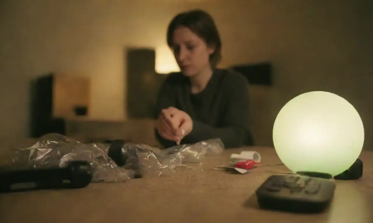 Una persona apagando las luces y reciclando los artículos en un entorno casero.