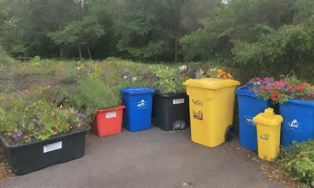 Un entorno alegre y organizado de reciclaje con comunidad diversa y naturaleza vibrante