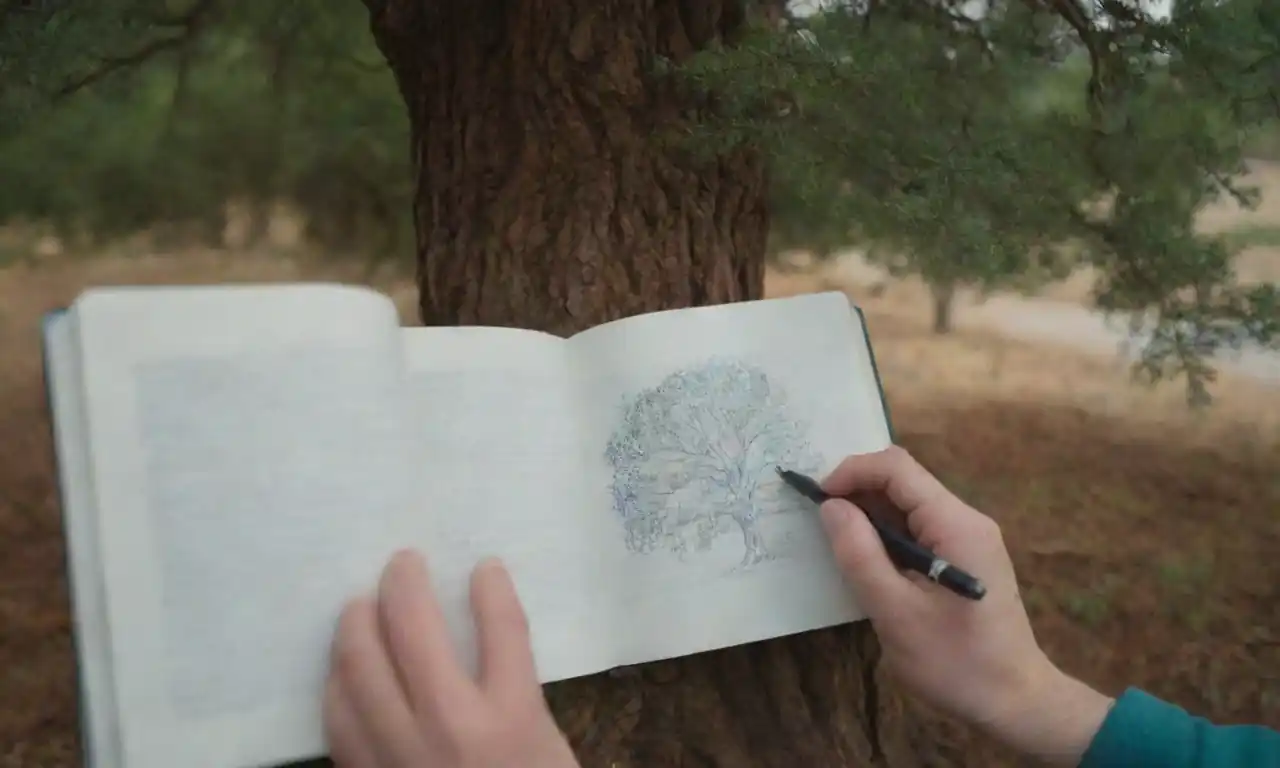 Una persona que observa un árbol próspero mientras toma notas en un diario.
