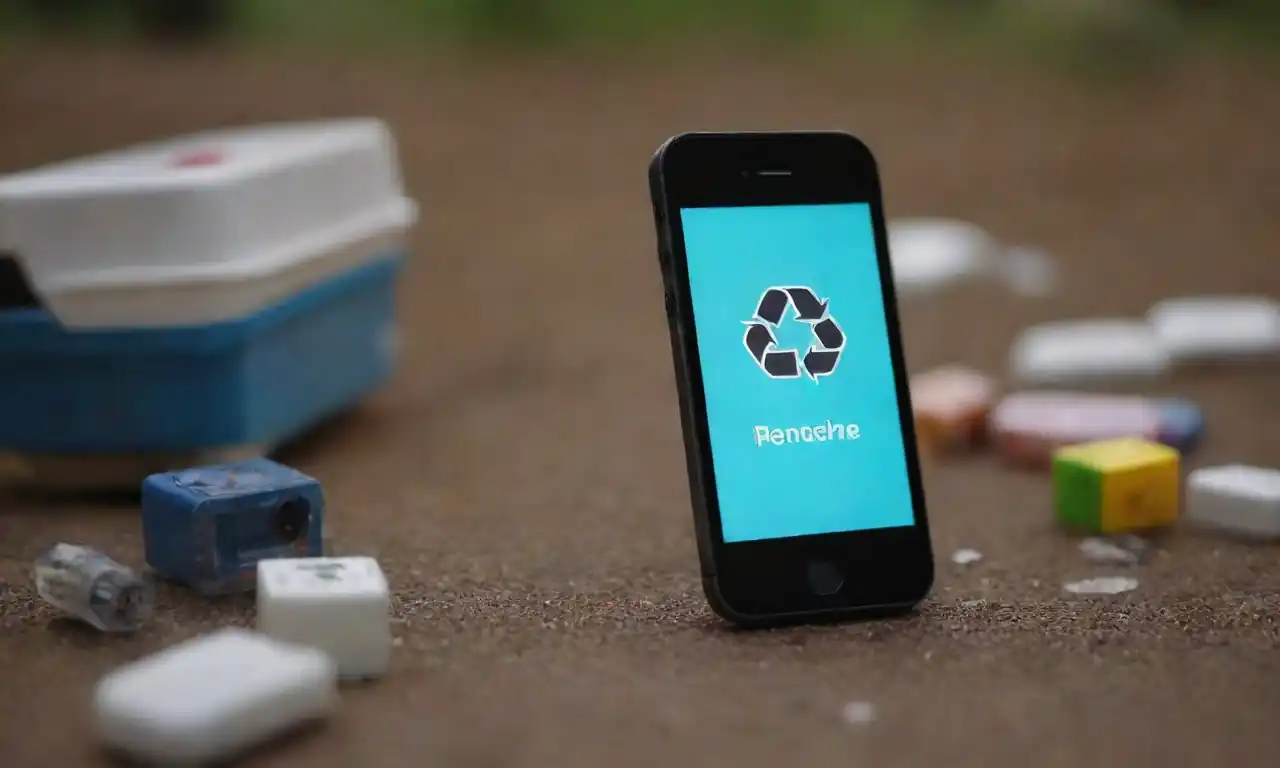 Ilustración de aplicaciones móviles y sitios web que promueven el reciclaje con iconos de reciclaje.