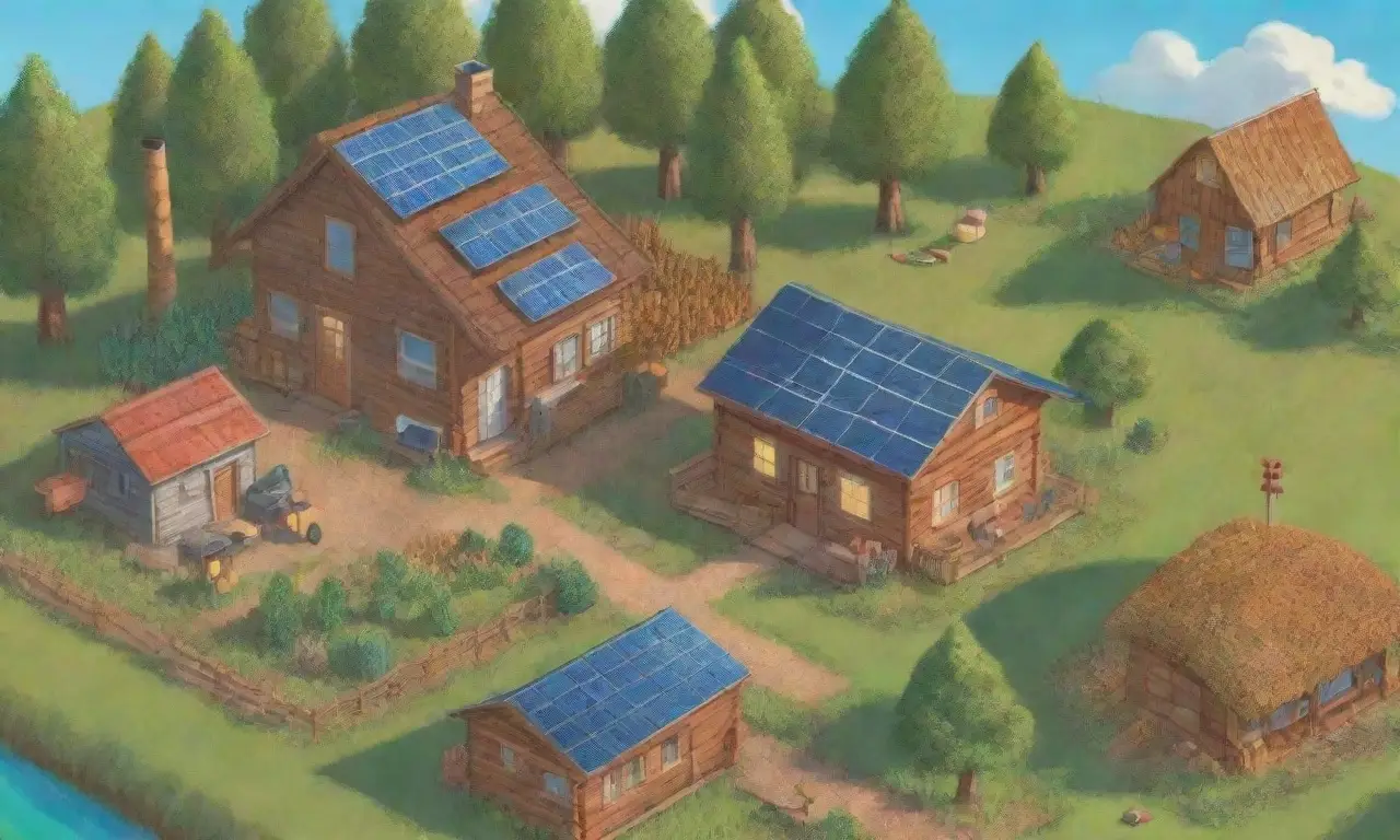 Un hogar sostenible y feliz rodeado de naturaleza y energía renovable