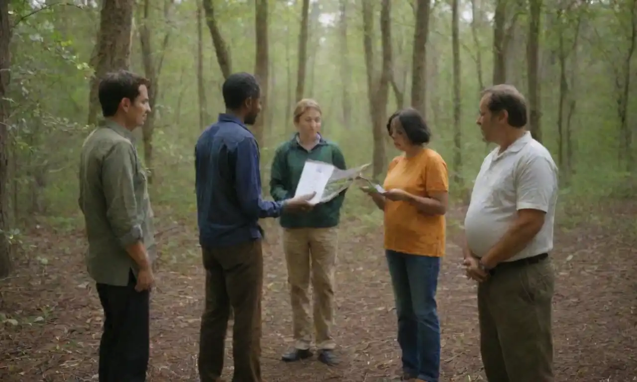 Educadores que realizan un taller con entusiastas de la naturaleza en un área protegida.