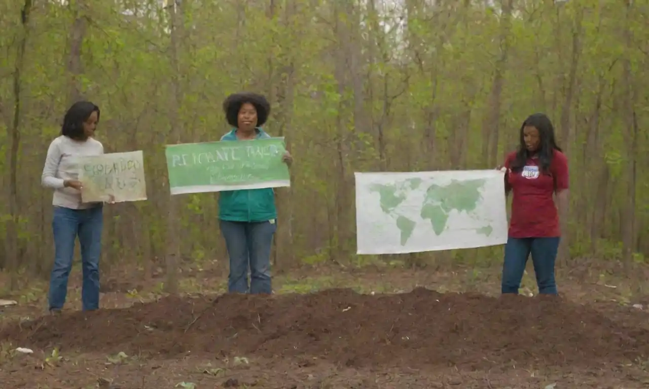 Personas que participan en actividades del Día de la Tierra, como plantar árboles y limpiar espacios naturales, con banners de conciencia ambiental.