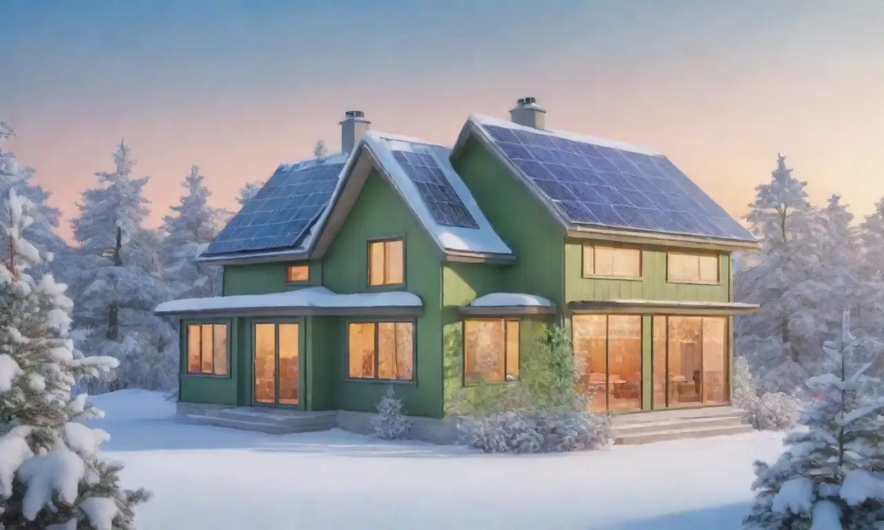 Paneles solares brillan en un hogar moderno rodeado de nieve y naturaleza, reflejando sostenibilidad en un paisaje invernal