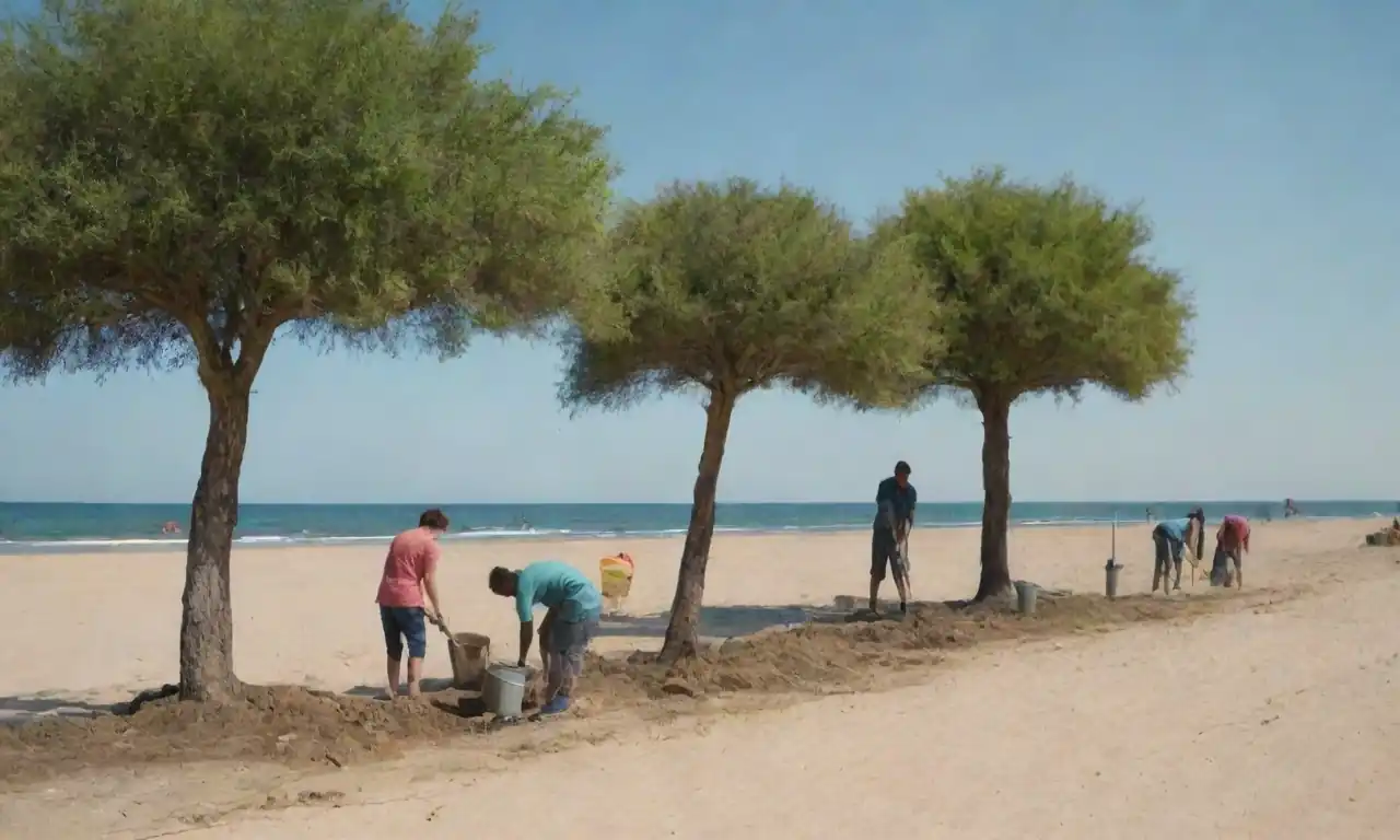 Grupo de personas plantando árboles y limpiando una playa bajo un cielo claro.
