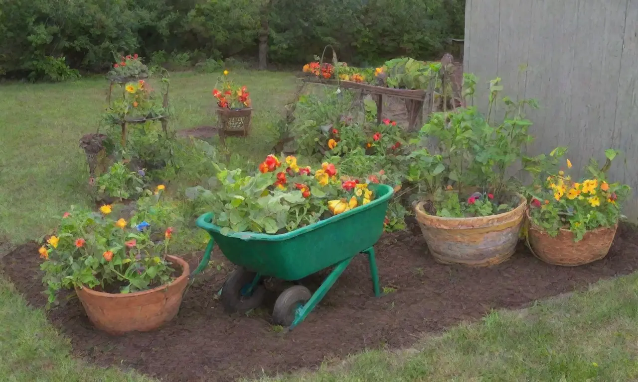 Un jardín vibrante lleno de vegetales, flores y risas familiares al atardecer