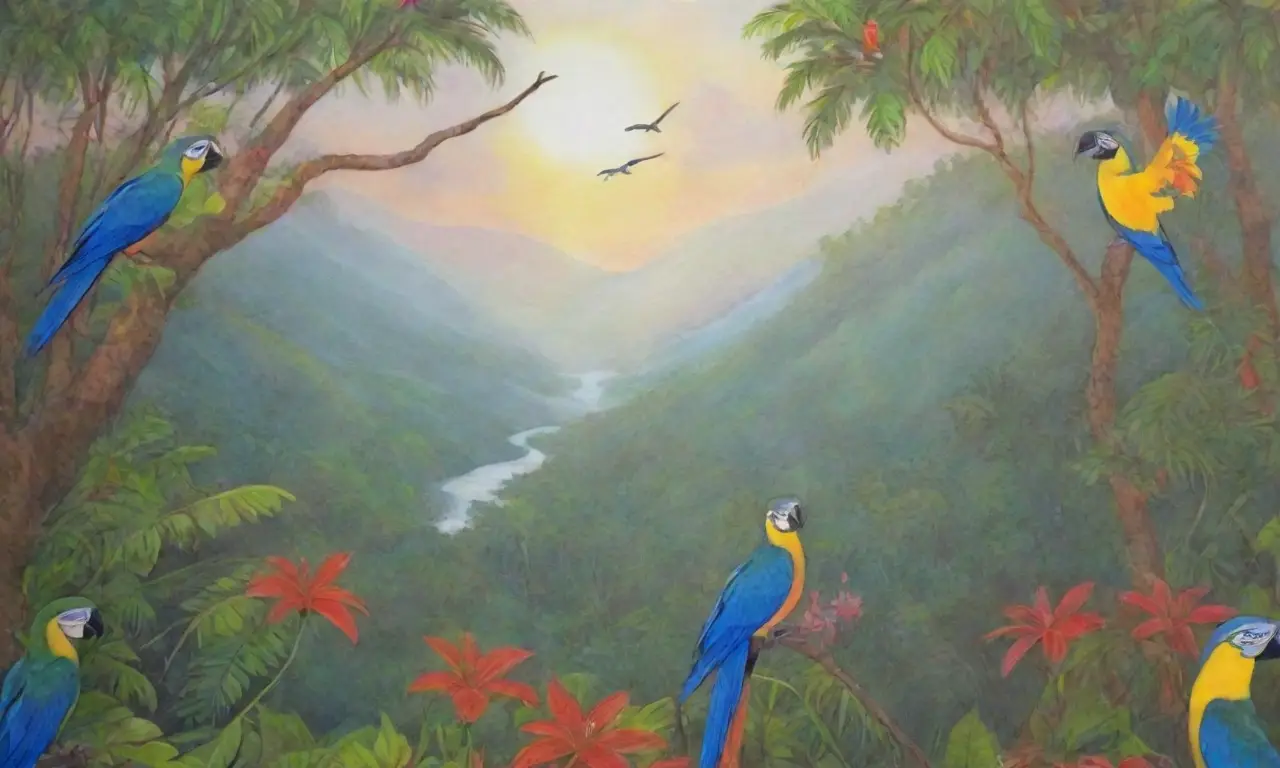 Un vibrante paisaje de selva con rica biodiversidad y aves coloridas