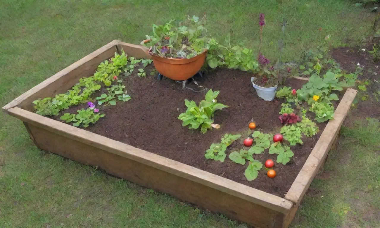 Un jardín vibrante y acogedor con compostaje, flores, frutas, y una familia trabajando felizmente