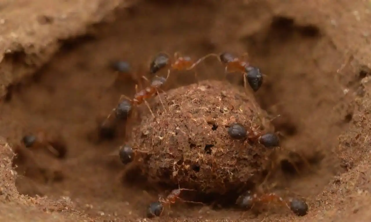 Un acercamiento de hormigas colaborando para construir un nido