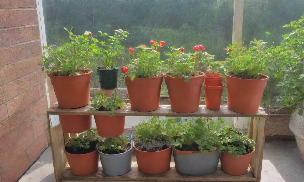 Un balcón urbano lleno de plantas vibrantes y herramientas de jardinería crea un oasis acogedor en la ciudad