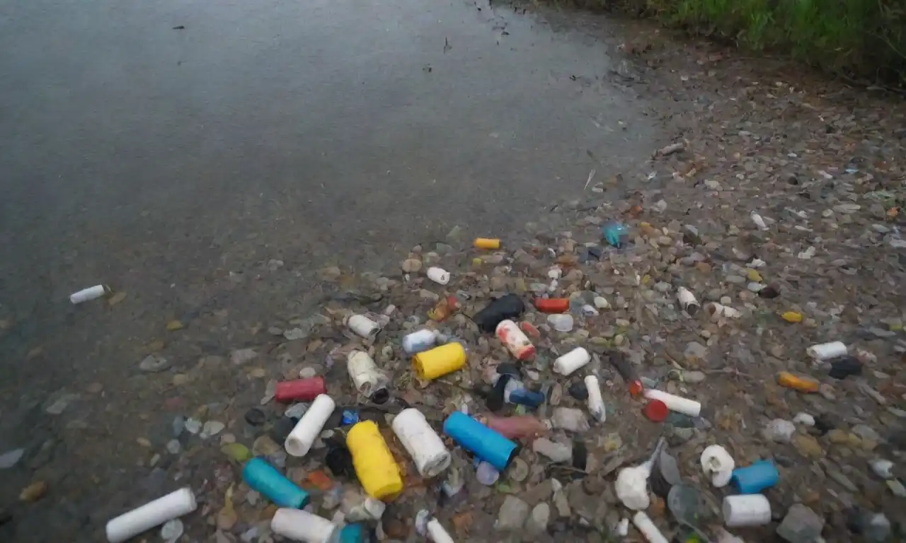 Los plásticos encendieron un río con vida marina y escombros visiblemente afectados.