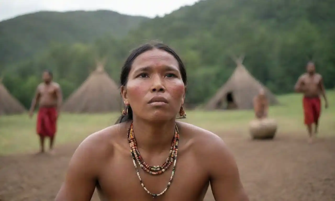 An indigenous community engaged in traditional practices surrounded by their natural environment.