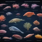Ilustración de diversos organismos marinos con etiquetas destacando sus métodos y adaptaciones reproductivas.