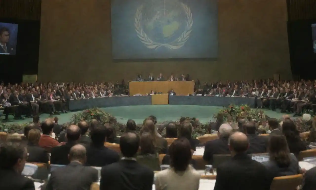 Un grupo diverso de delegados hablando en una conferencia de clima de la ONU
