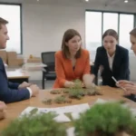 Equipo corporativo colaborando en proyectos de sostenibilidad