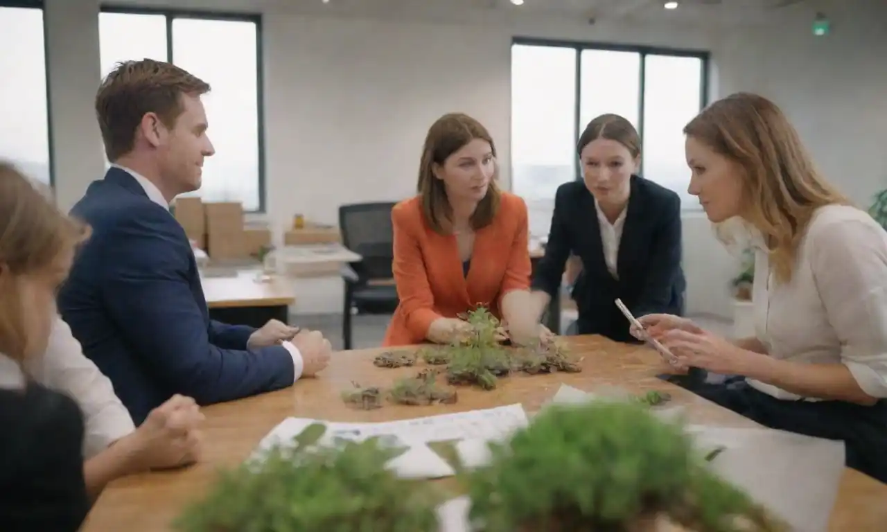 Equipo corporativo colaborando en proyectos de sostenibilidad