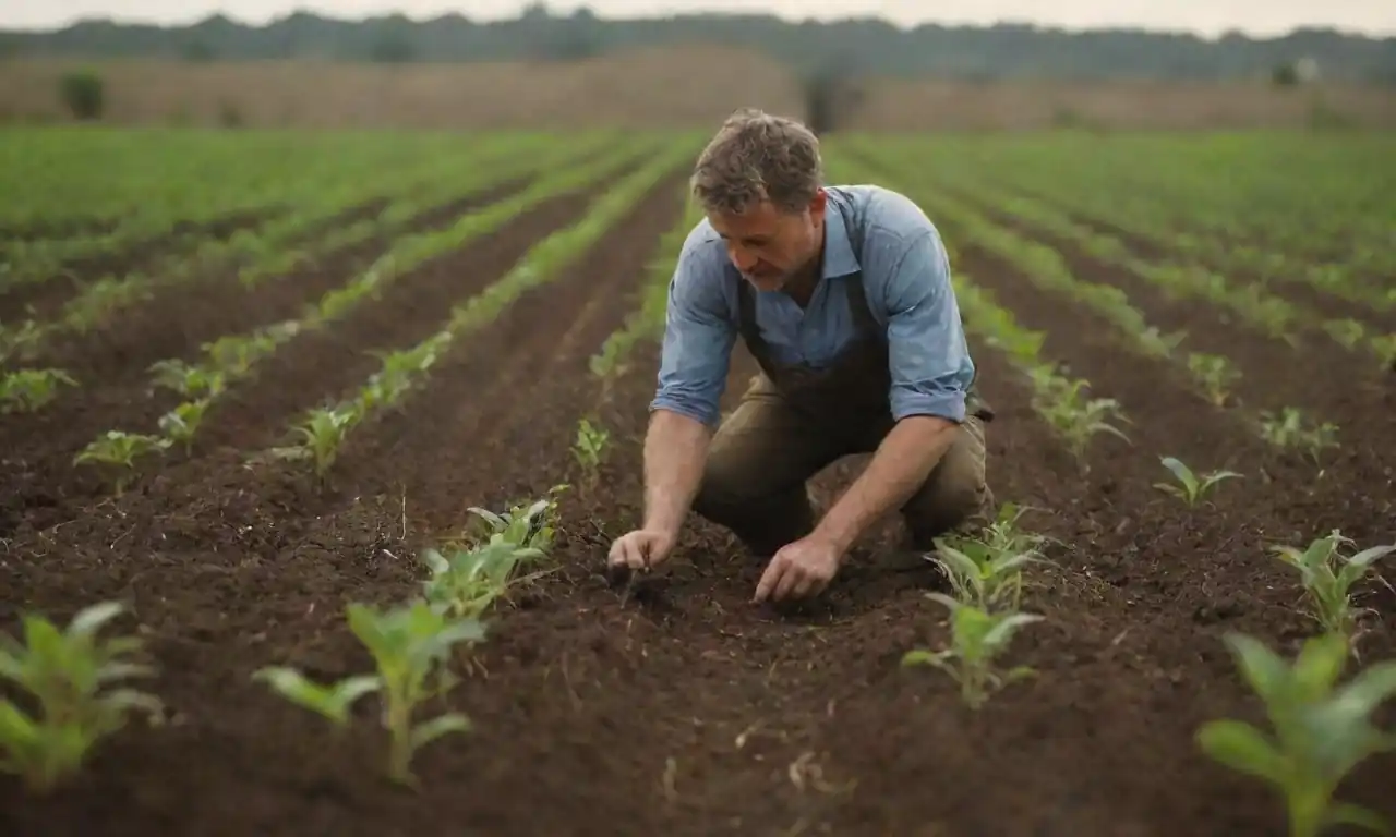 Agricultor inspeccionando cultivos biodegradables y practicando técnicas sostenibles.