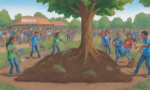 Una comunidad unida planta árboles bajo el sol