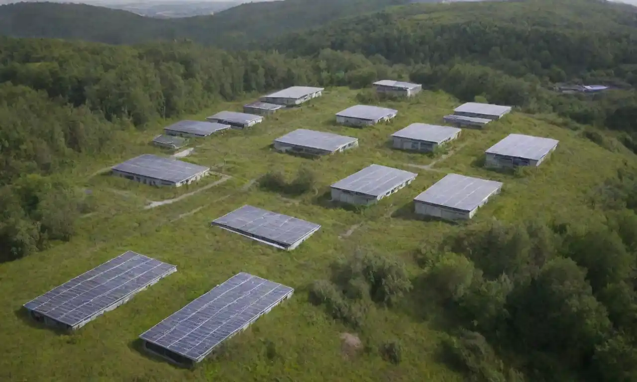 Edificios innovadores con techos verdes y paneles solares establecidos en un paisaje natural.