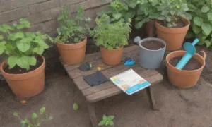 Un jardín urbano vibrante y sereno lleno de vida y herramientas de jardinería