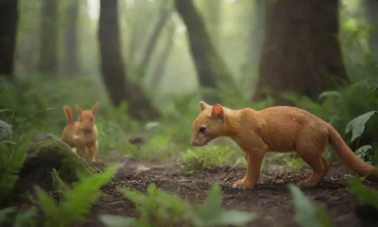 Diversas plantas y animales interactuando dentro de un ecosistema vibrante rodeado de varios hábitats.
