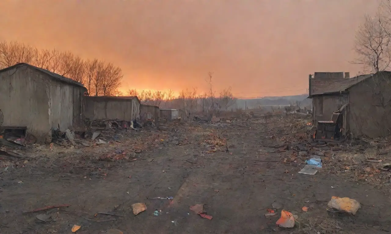 Paisaje urbano devastado por la contaminación, con restos de industria y destellos de esperanza en brotes verdes
