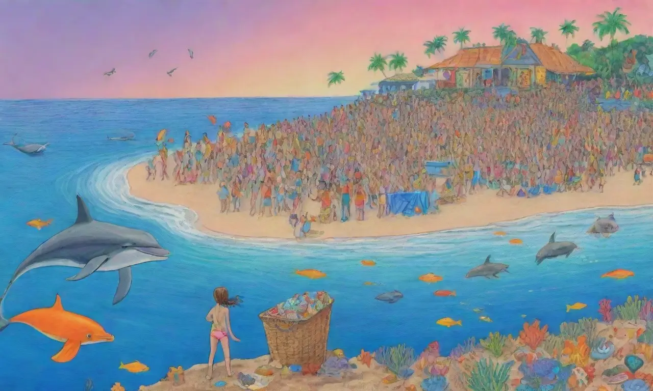 Un paisaje marino vibrante y lleno de vida, con delfines, coral, basura y un mensaje de esperanza