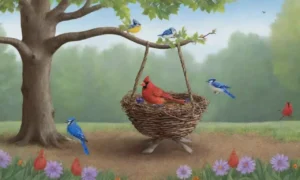 Un bosque sereno con aves coloridas