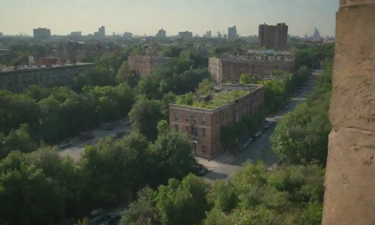 Paisaje urbano con vegetación y vida silvestre en medio de edificios restaurados y zonas comunitarias.