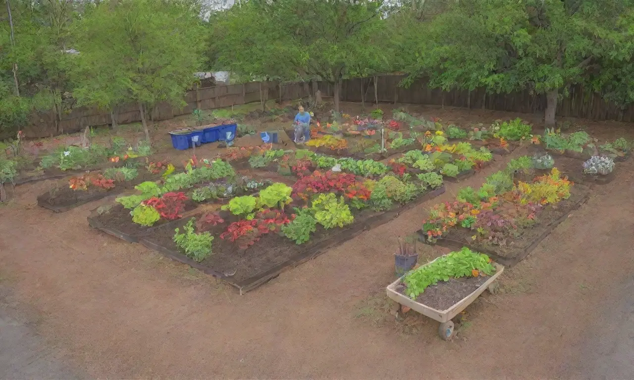 Un jardín comunitario vibrante y sostenible, lleno de vida y colaboración