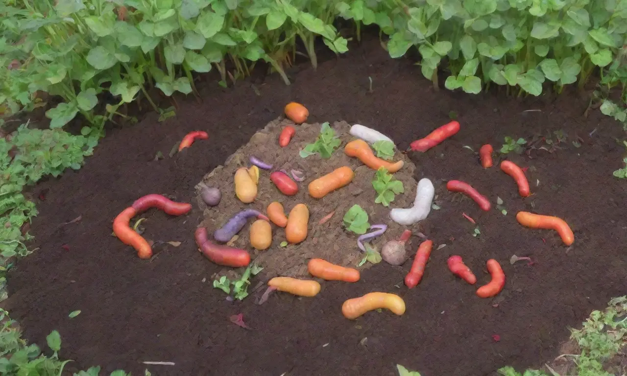 Un jardín vibrante con lombrices en compost y flores