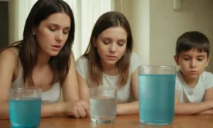 Familia utilizando sistemas de recolección de agua y grifos eficientes en casa.