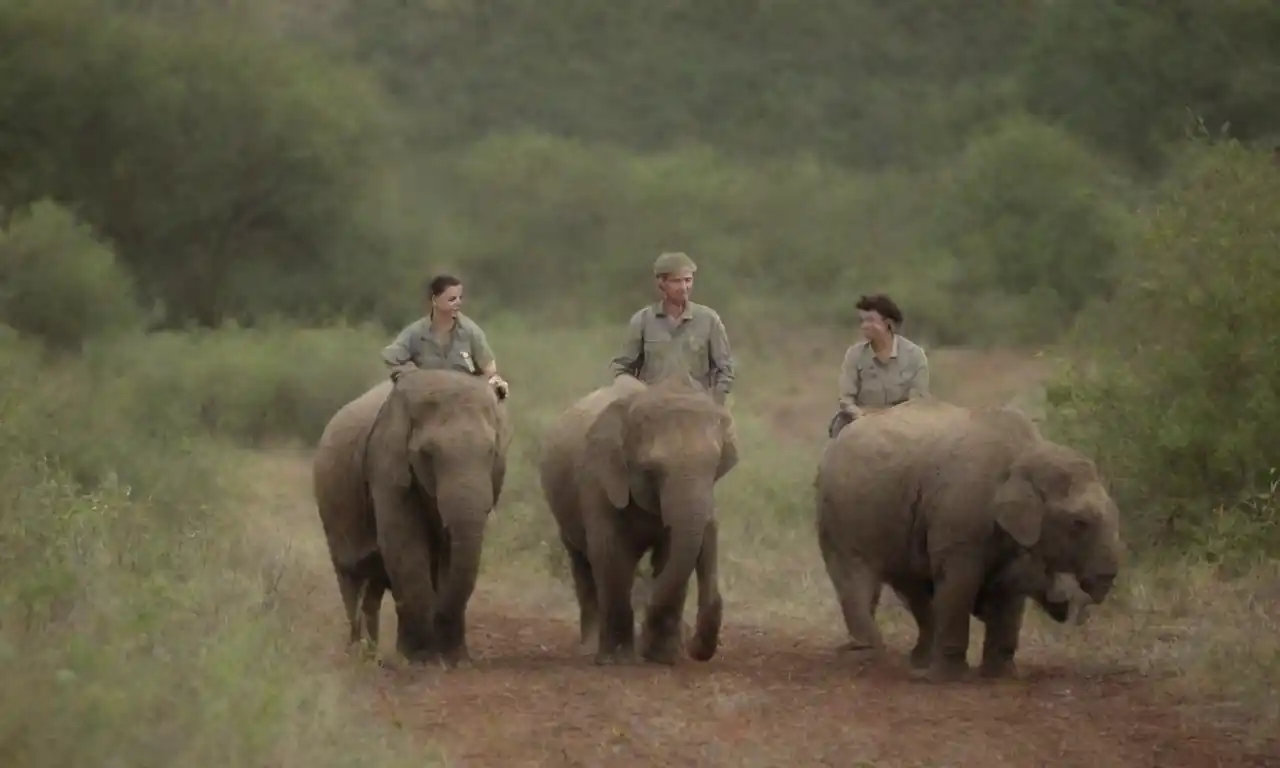 Un grupo diverso de conservacionistas de vida silvestre colaborando en un hábitat natural.