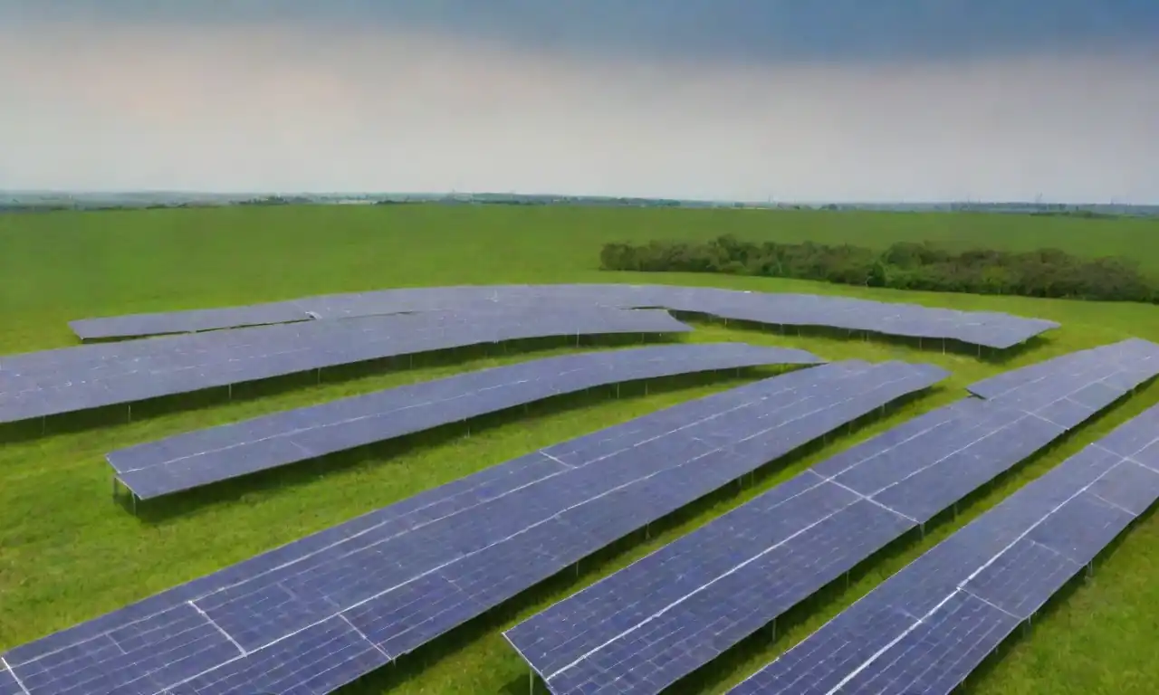 Paneles solares y turbinas eólicas generando energía renovable en un paisaje vibrante y verde.