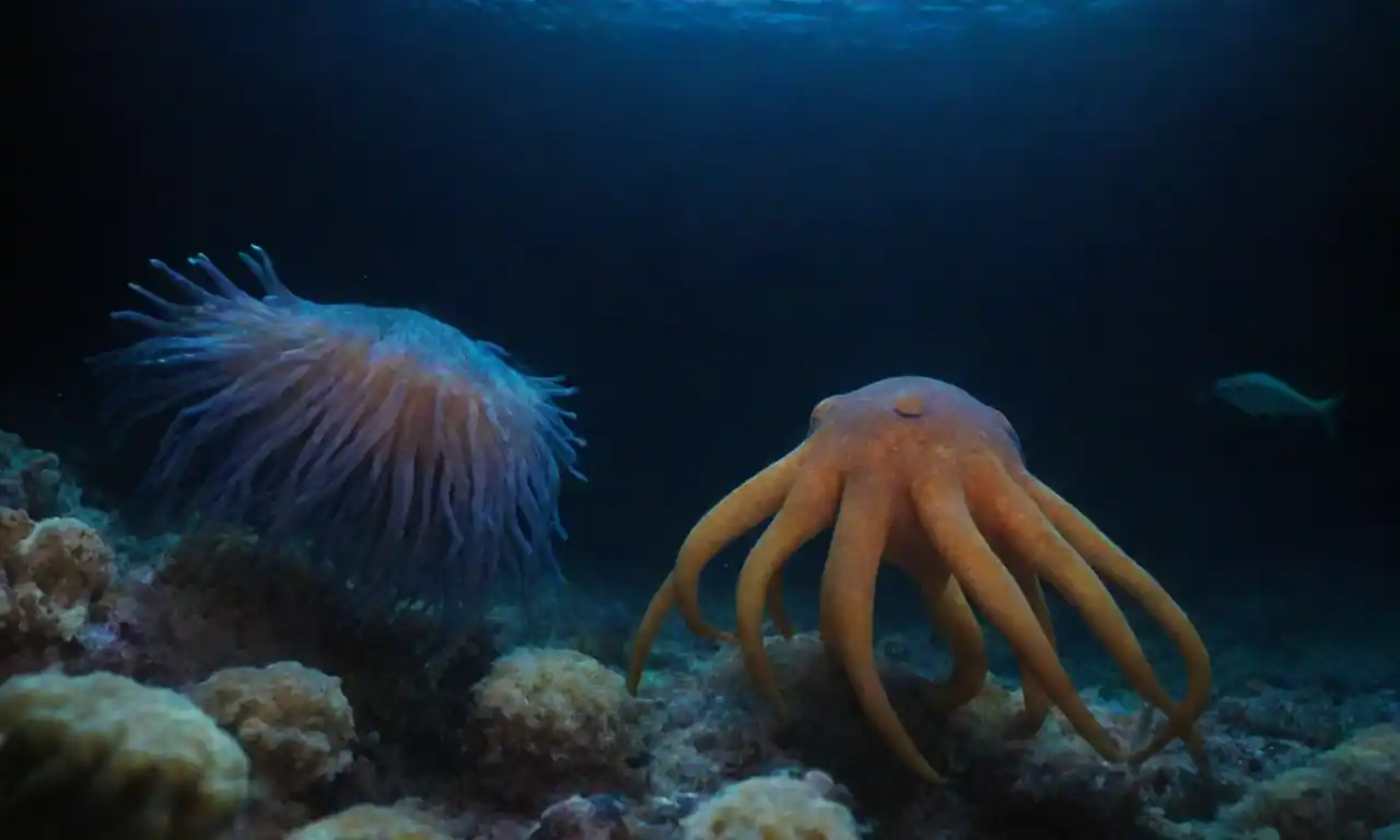 Criaturas coloridas de aguas profundas que participan en interacciones mutualistas en medio de aguas azules oscuras.